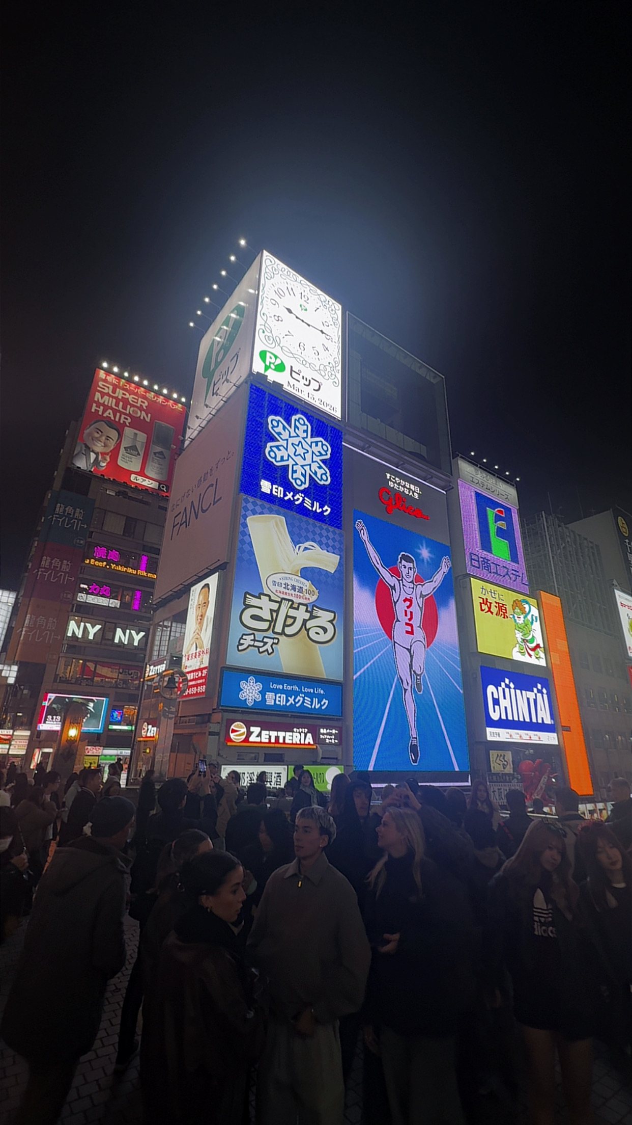 The Dotonbori sign tower at night — Glico runner and the surrounding billboards — cropped above the crowd line so no