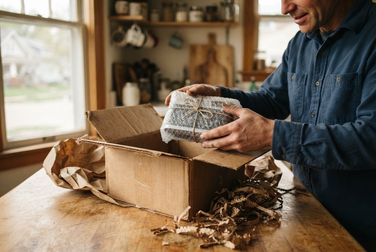 Two hands lifting a bubble-wrapped, string-tied boxy vintage Japanese film camera out of an opened cardboard shipping box